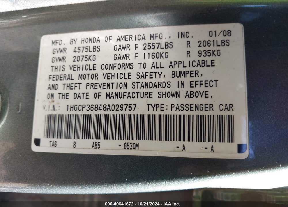 2008 HONDA ACCORD 3.5 EX-L VIN: 1HGCP36848A029757