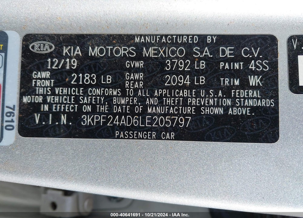 2020 KIA FORTE LXS VIN: 3KPF24AD6LE205797