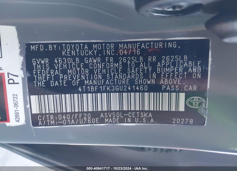 2016 TOYOTA CAMRY VIN: 4T1BF1FK3GU241460