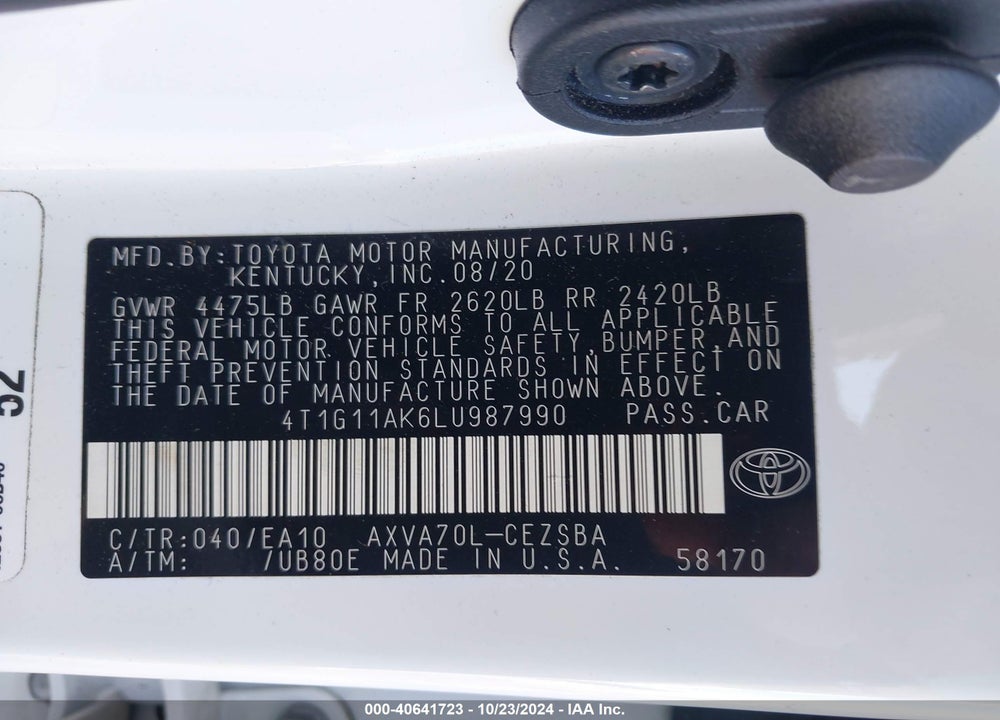 2020 TOYOTA CAMRY VIN: 4T1G11AK6LU987990