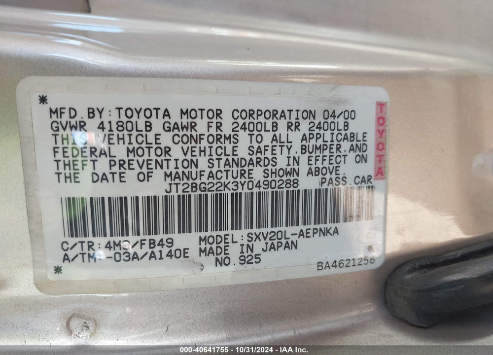 2000 TOYOTA CAMRY LE VIN: JT2BG22K3Y0490288