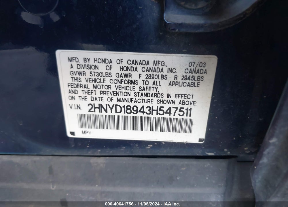 2003 ACURA MDX VIN: 2HNYD18943H547511