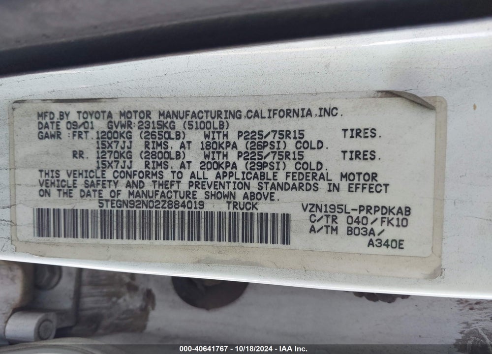 2002 TOYOTA TACOMA PRERUNNER V6 VIN: 5TEGN92N02Z884019