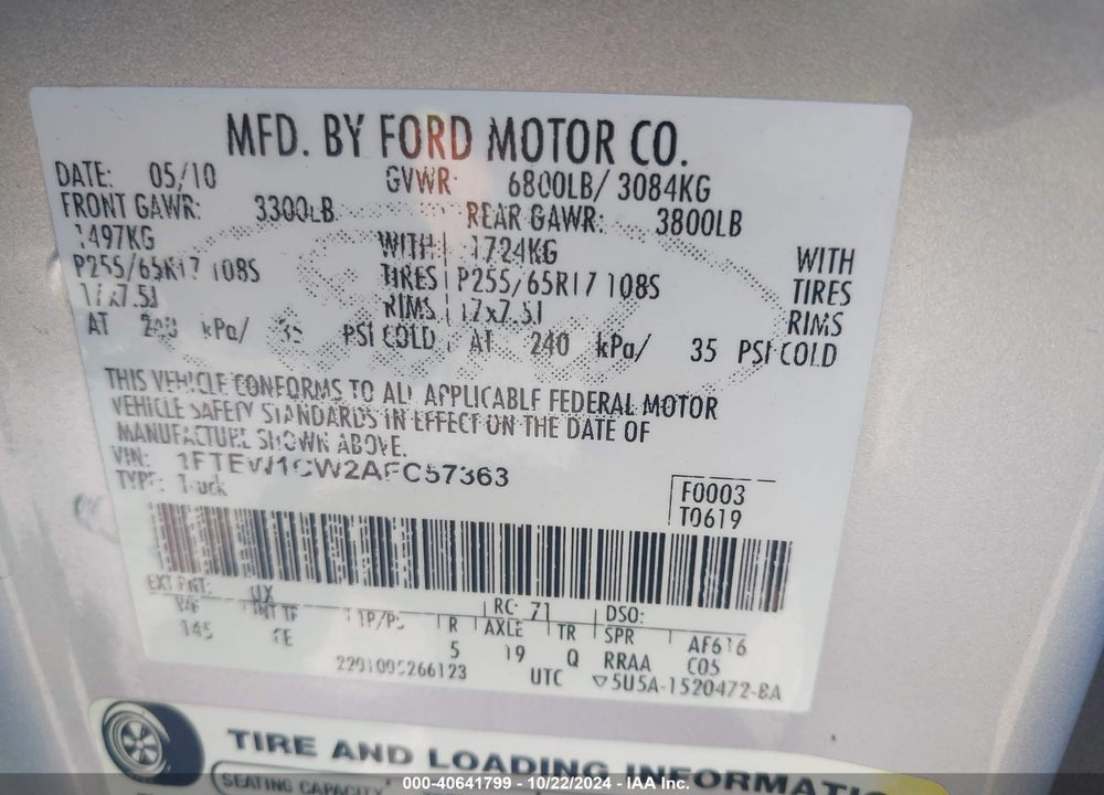 2010 FORD F-150 XL VIN: 1FTEW1CW2AFC57363