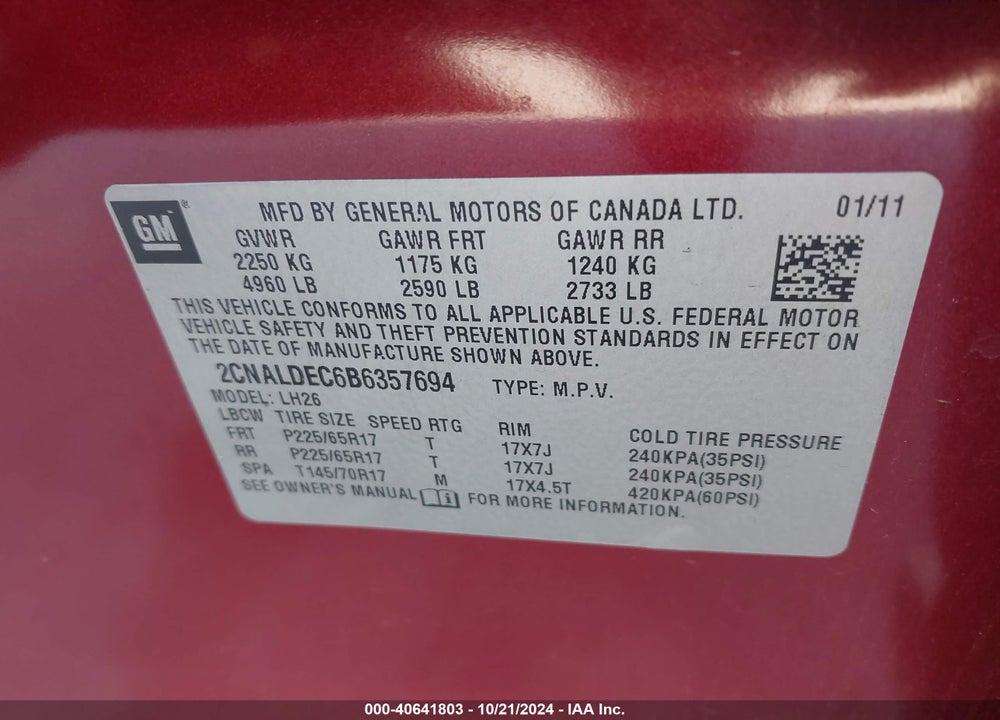 2011 CHEVROLET EQUINOX 1LT VIN: 2CNALDEC6B6357694