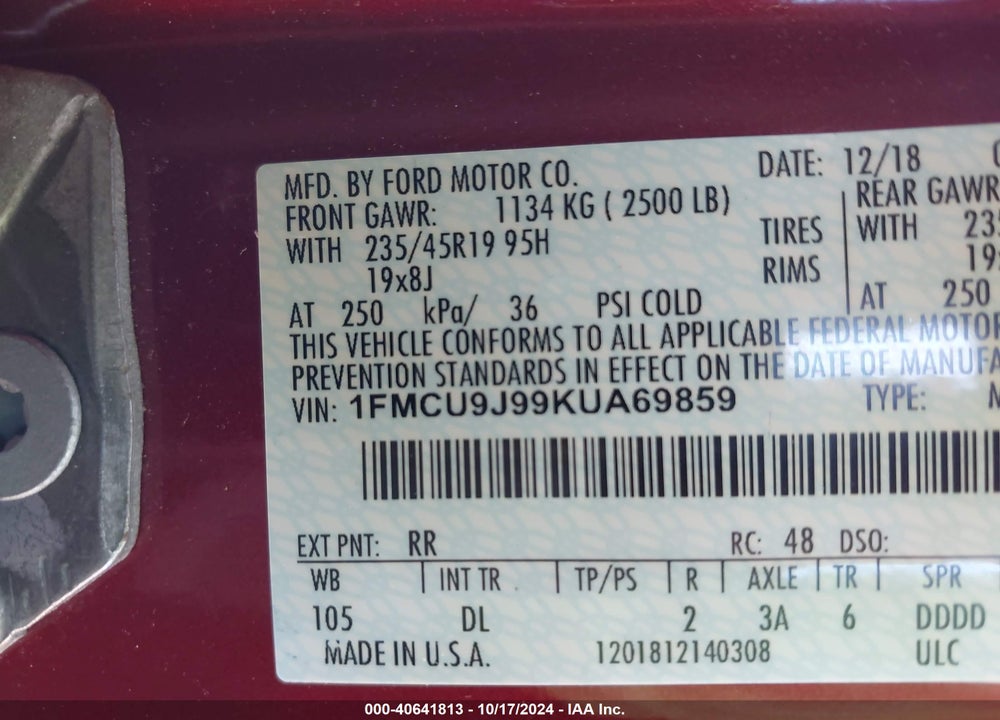 2019 FORD ESCAPE TITANIUM VIN: 1FMCU9J99KUA69859