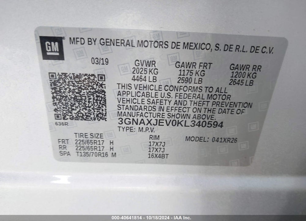 2019 CHEVROLET EQUINOX LT VIN: 3GNAXJEV0KL340594