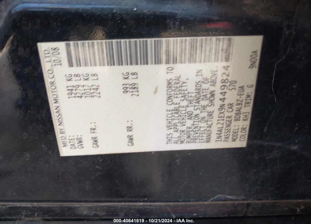 2009 NISSAN ALTIMA 2.5 S VIN: 1N4AL21EX9N449824