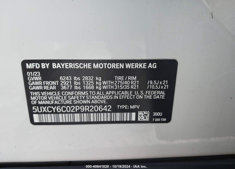 2023 BMW X6 XDRIVE40I VIN: 5UXCY6C02P9R20642