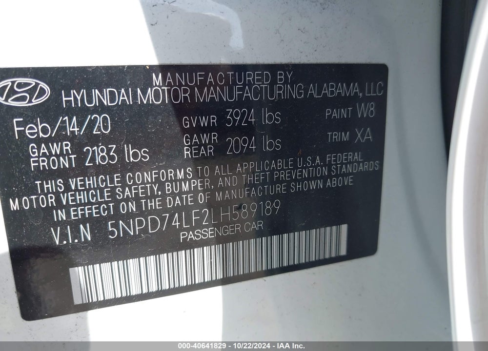 2020 HYUNDAI ELANTRA VIN: 5NPD74LF2LH589189