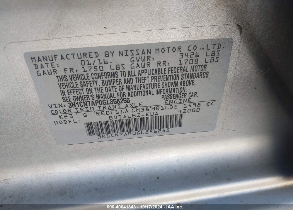 2016 NISSAN VERSA 1.6 S/1.6 S+/1.6 SL/1.6 SV VIN: 3N1CN7AP0GL856255