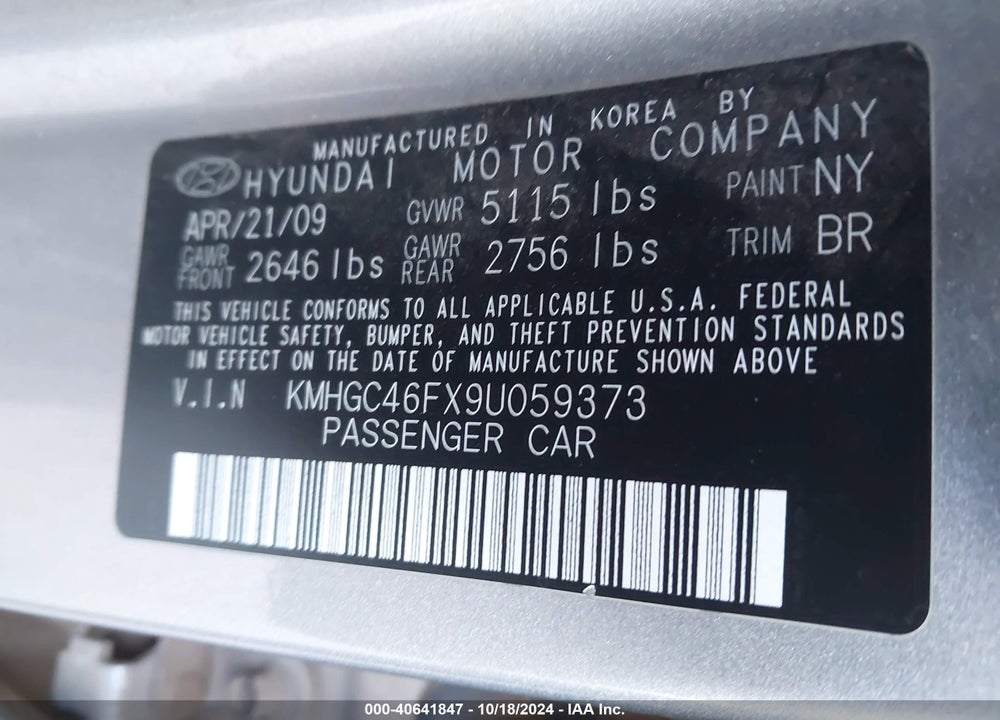 2009 HYUNDAI GENESIS 4.6 VIN: KMHGC46FX9U059373
