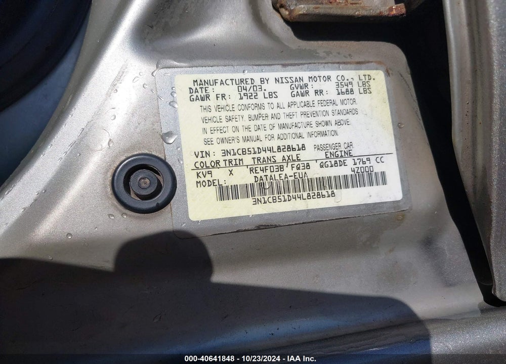 2004 NISSAN SENTRA 1.8S VIN: 3N1CB51D44L828618