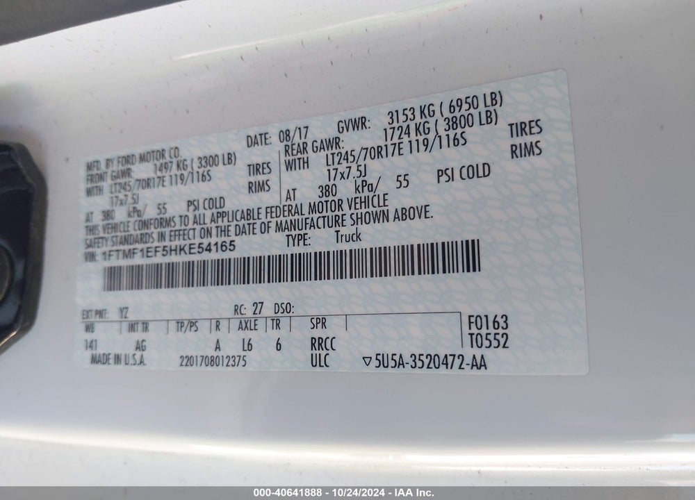 2017 FORD F-150 XL VIN: 1FTMF1EF5HKE54165