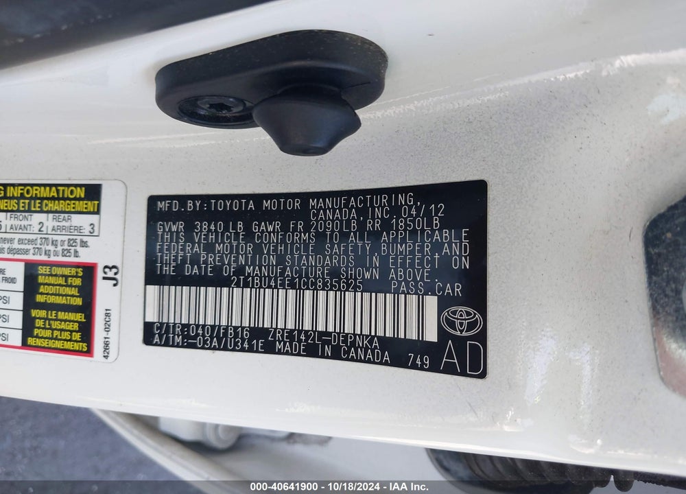 2012 TOYOTA COROLLA LE VIN: 2T1BU4EE1CC835625
