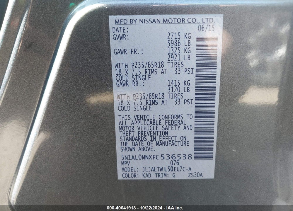 2015 INFINITI QX60 VIN: 5N1AL0MNXFC536538