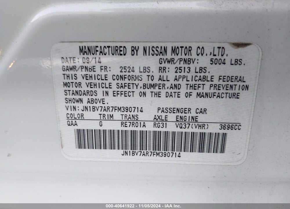 2015 INFINITI Q50 SPORT VIN: JN1BV7AR7FM390714