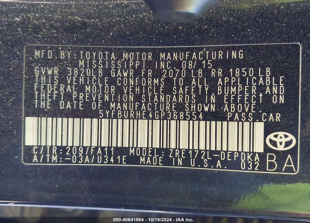 2016 TOYOTA COROLLA L VIN: 5YFBURHE4GP368554