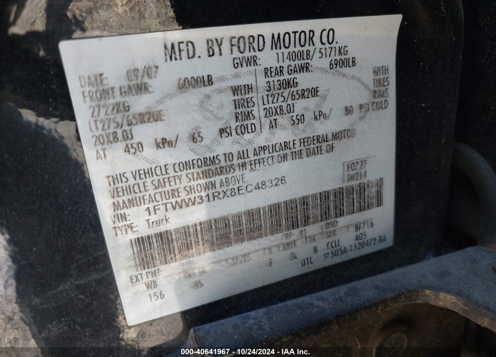 2008 FORD F-350 FX4/HARLEY-DAVIDSON/KING RANCH/LARIAT/XL/XLT VIN: 1FTWW31RX8EC48326