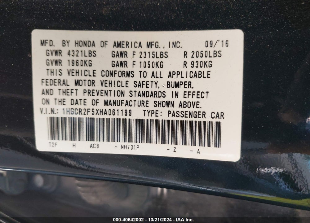 2017 HONDA ACCORD SPORT VIN: 1HGCR2F5XHA061199