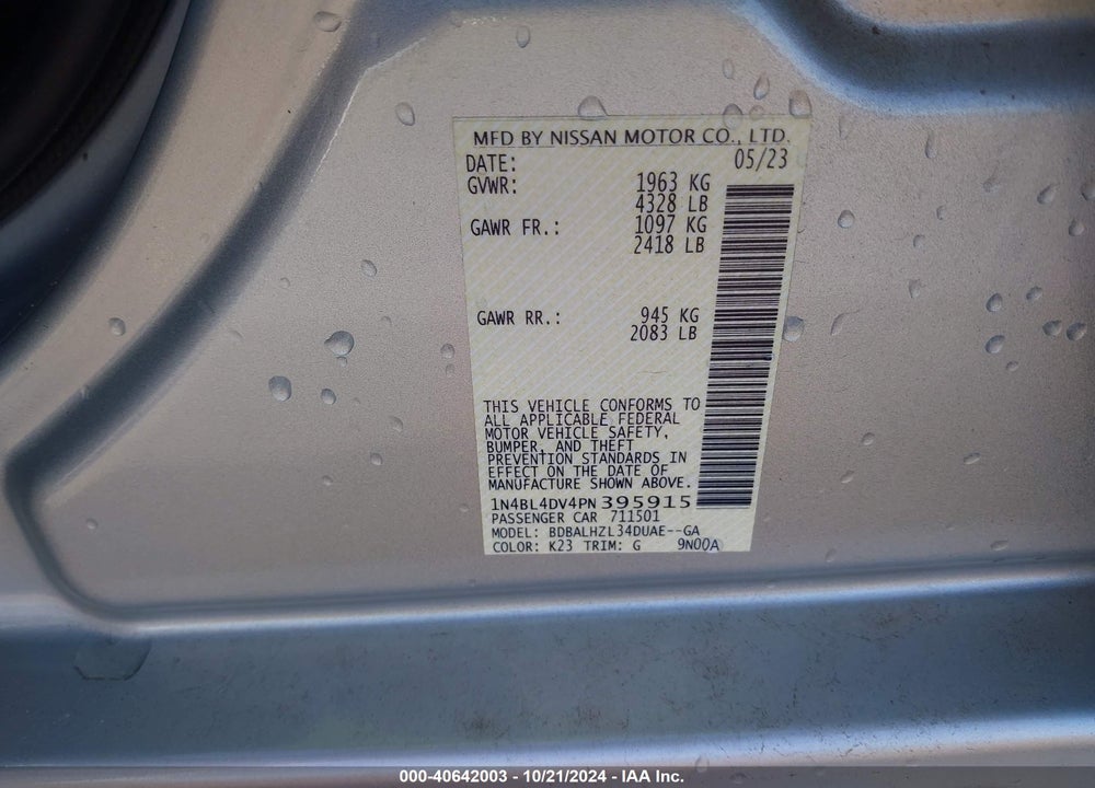 2023 NISSAN ALTIMA SV FWD VIN: 1N4BL4DV4PN395915
