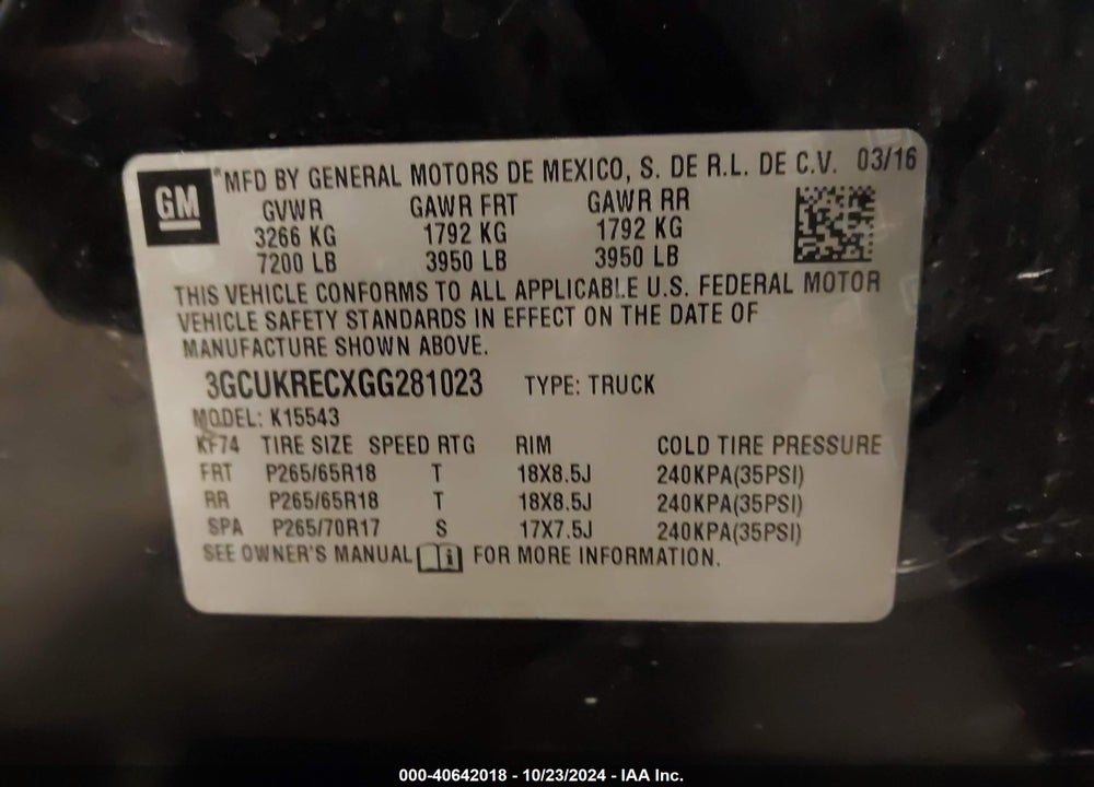 2016 CHEVROLET SILVERADO 1500 2LT VIN: 3GCUKRECXGG281023
