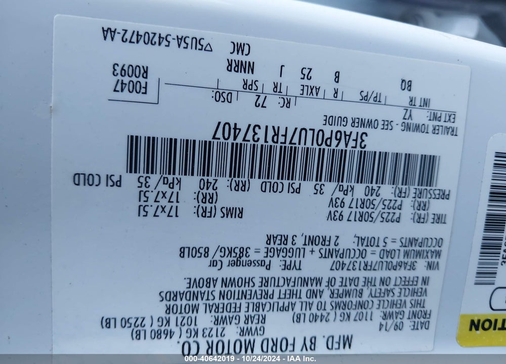 2015 FORD FUSION HYBRID SE VIN: 3FA6P0LU7FR137407