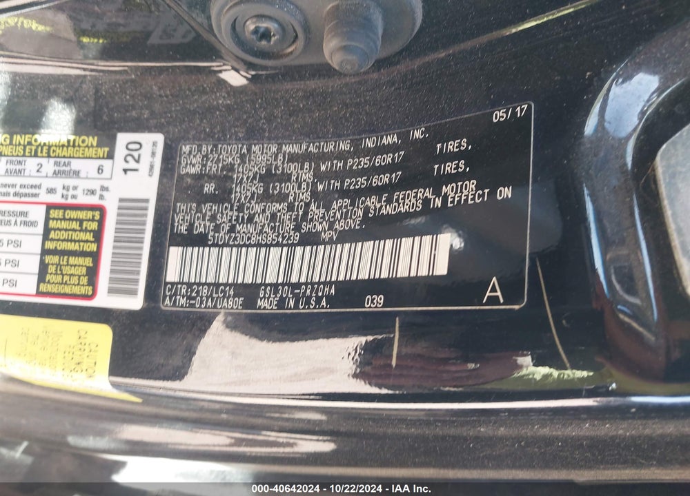 2017 TOYOTA SIENNA XLE PREMIUM 8 PASSENGER VIN: 5TDYZ3DC8HS854239