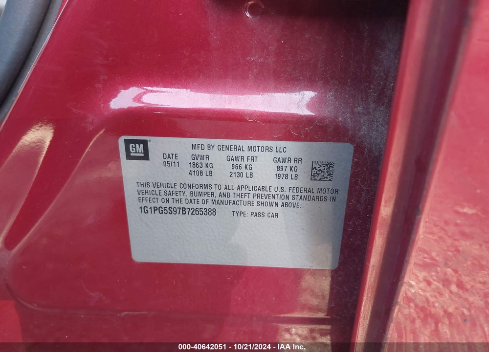 2011 CHEVROLET CRUZE 2LT VIN: 1G1PG5S97B7265388