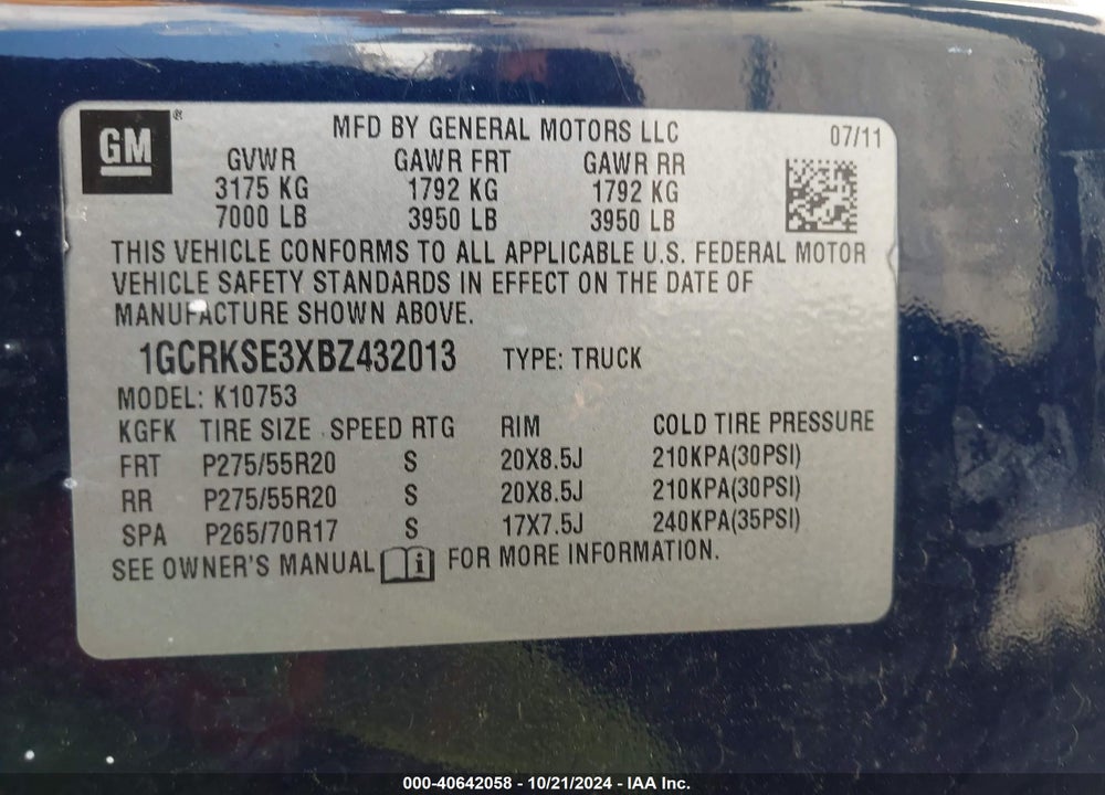 2011 CHEVROLET SILVERADO 1500 LT VIN: 1GCRKSE3XBZ432013