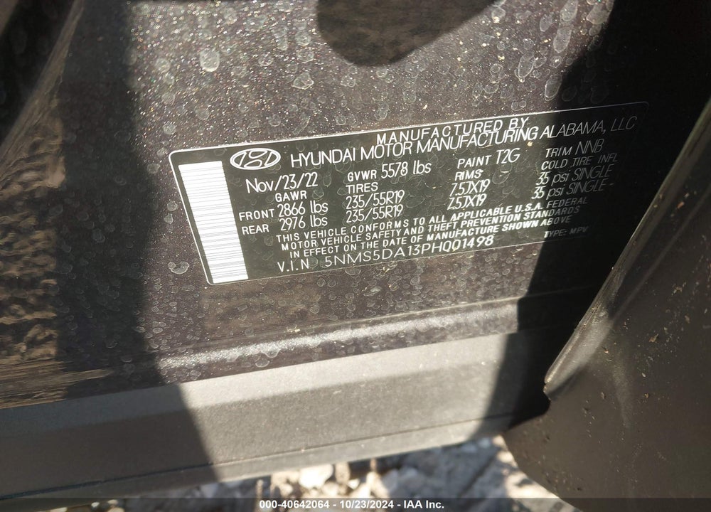 2023 HYUNDAI SANTA FE HYBRID LIMITED VIN: 5NMS5DA13PH001498