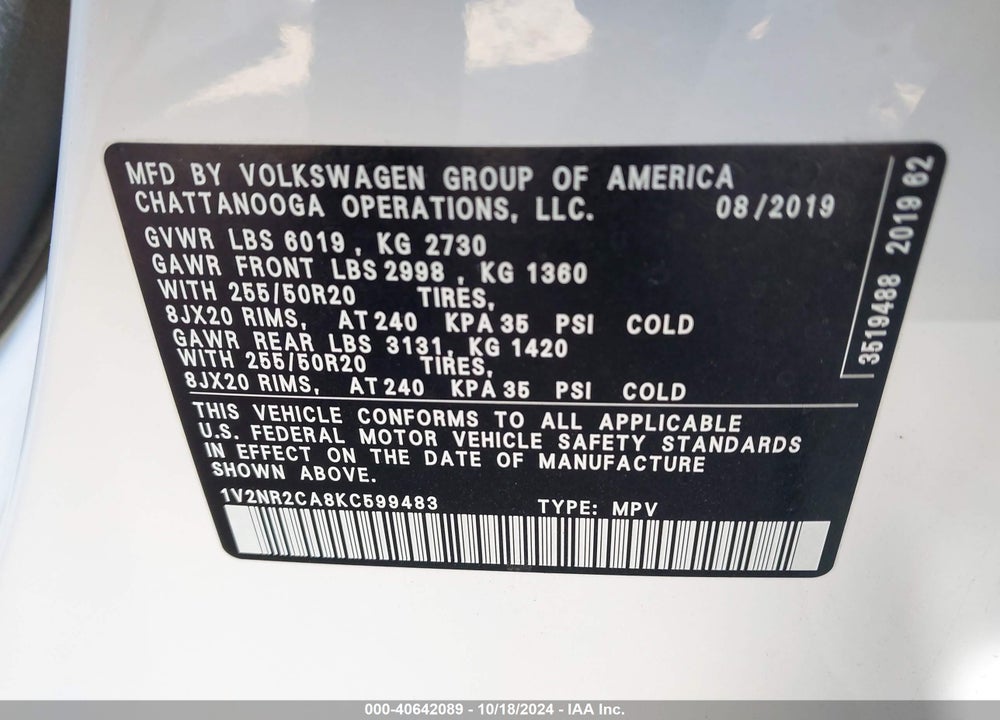 2019 VOLKSWAGEN ATLAS 3.6L V6 SEL PREMIUM VIN: 1V2NR2CA8KC599483
