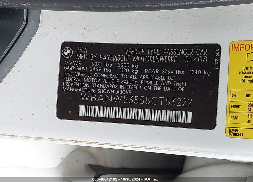 2008 BMW 550I VIN: WBANW53558CT53222