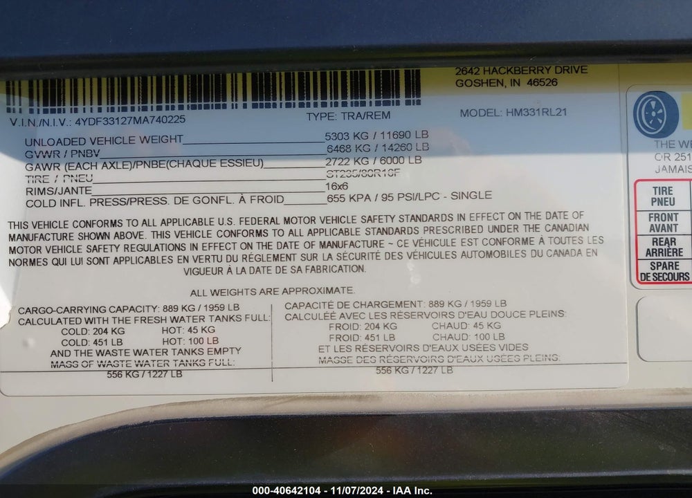 2021 KEYSTONE TRAILER VIN: 4YDF33127MA740225