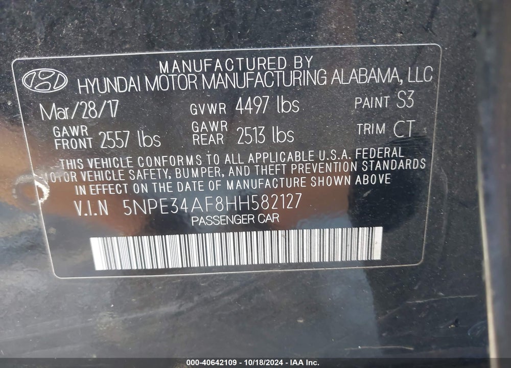 2017 HYUNDAI SONATA SPORT VIN: 5NPE34AF8HH582127