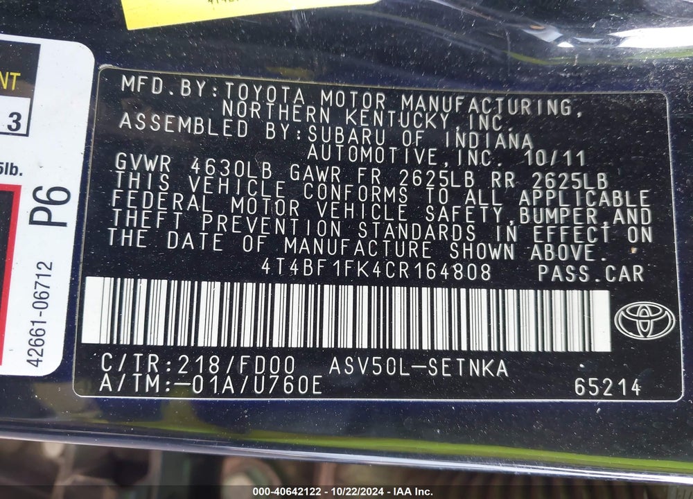 2012 TOYOTA CAMRY LE VIN: 4T4BF1FK4CR164808