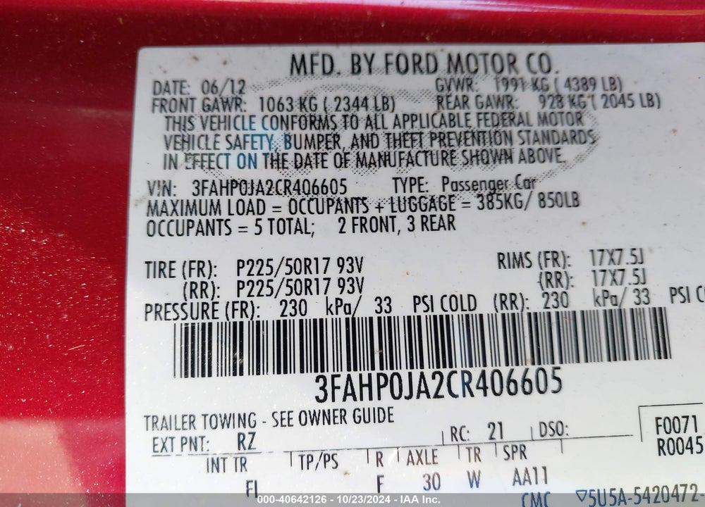2012 FORD FUSION SEL VIN: 3FAHP0JA2CR406605