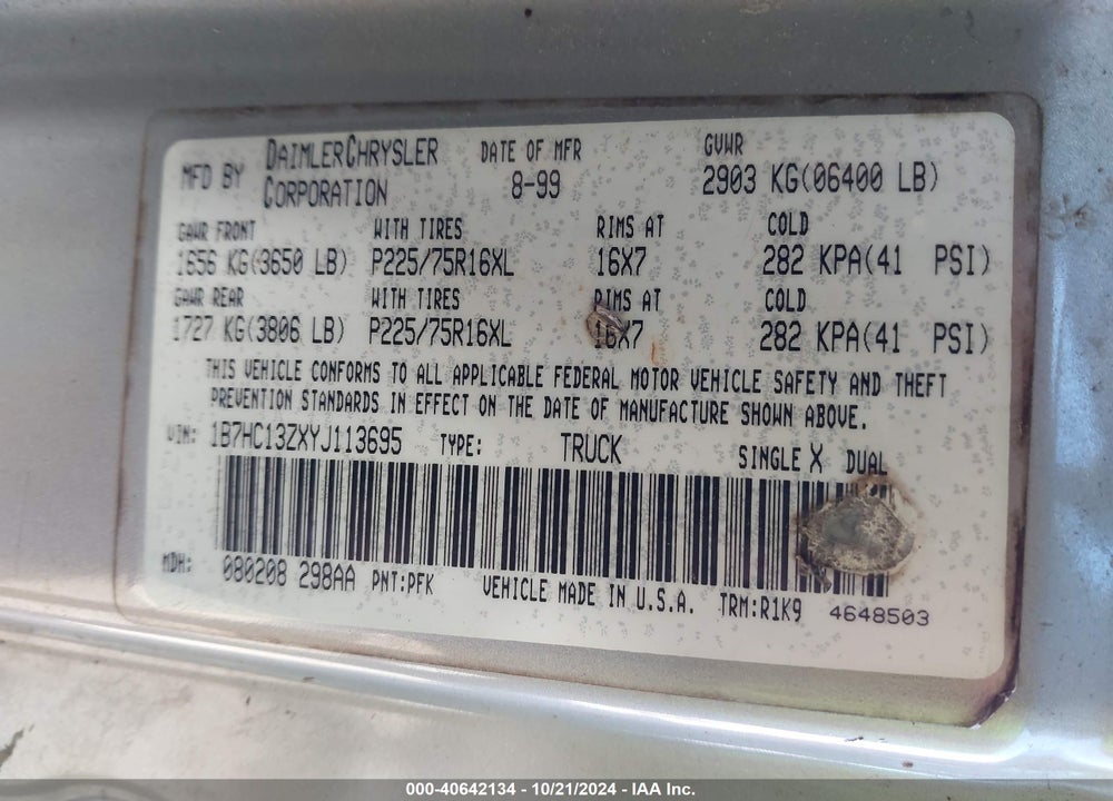 2000 DODGE RAM 1500 ST VIN: 1B7HC13ZXYJ113695