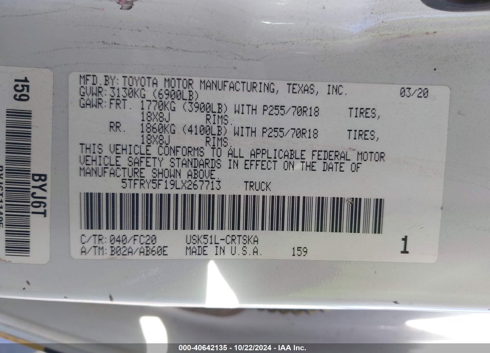 2020 TOYOTA TUNDRA SR5 VIN: 5TFRY5F19LX267713