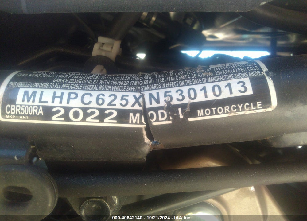 2022 HONDA CBR500 RA VIN: MLHPC625XN5301013