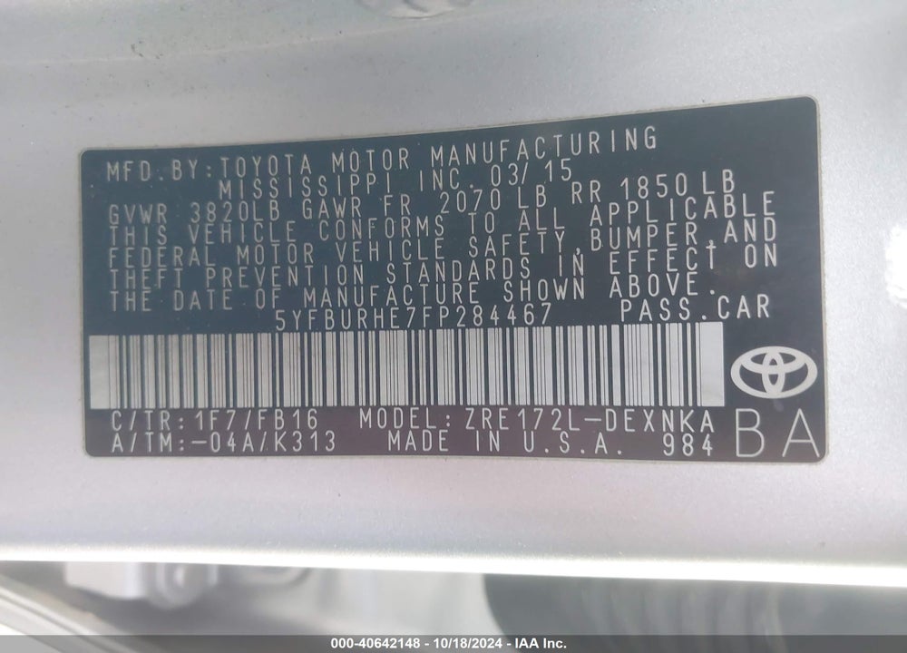 2015 TOYOTA COROLLA LE VIN: 5YFBURHE7FP284467