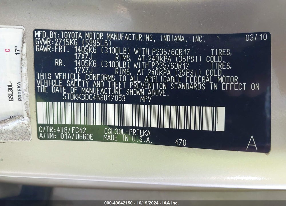 2011 TOYOTA SIENNA LE V6 VIN: 5TDKK3DC4BS017053