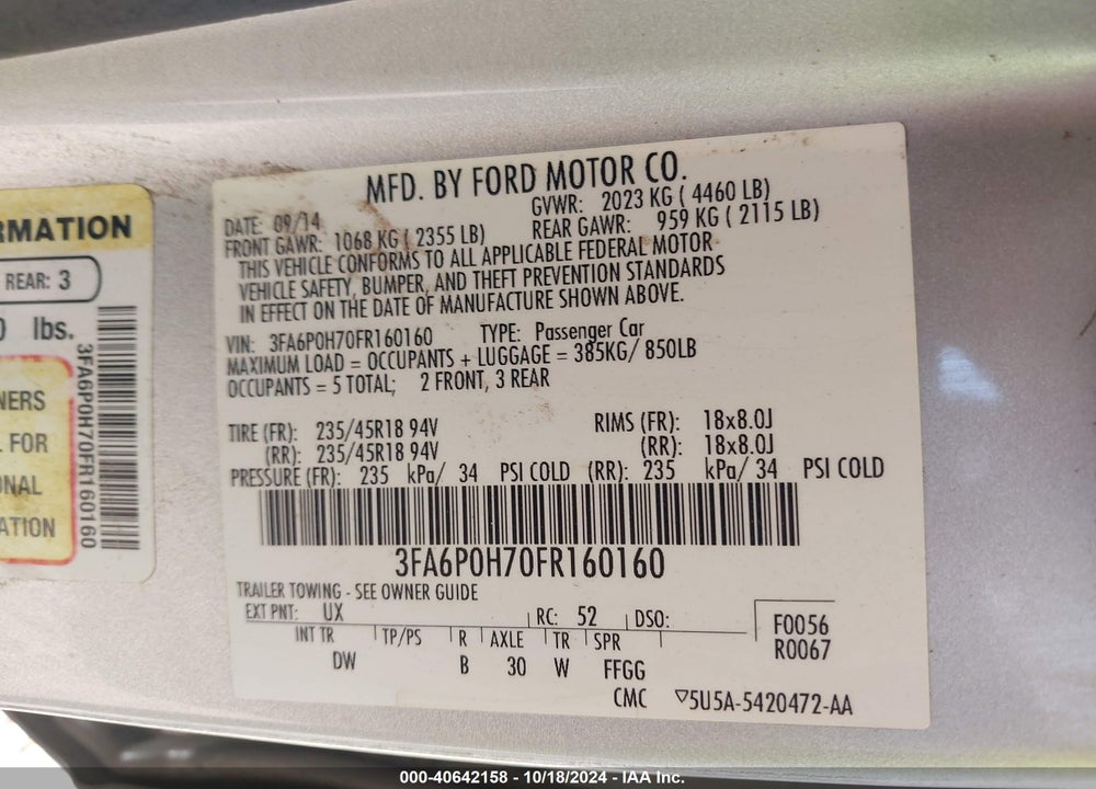 2015 FORD FUSION SE VIN: 3FA6P0H70FR160160