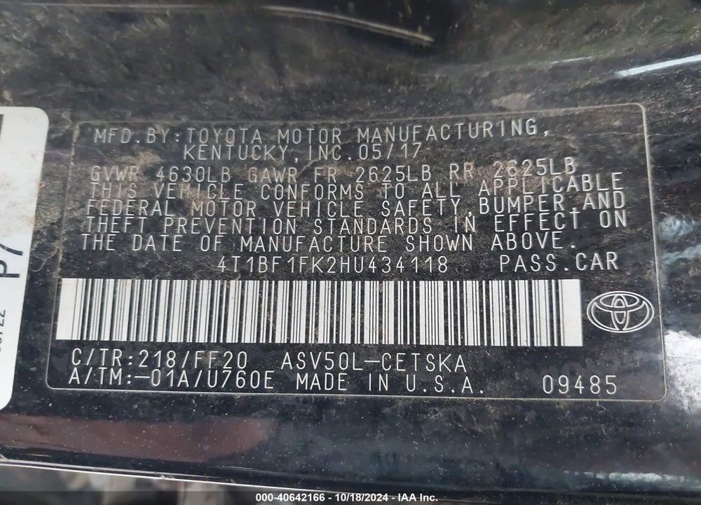 2017 TOYOTA CAMRY SE VIN: 4T1BF1FK2HU434118
