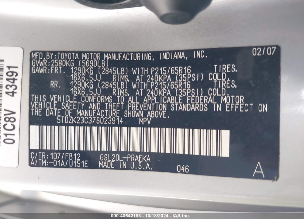 2007 TOYOTA SIENNA LE VIN: 5TDZK23C37S023914
