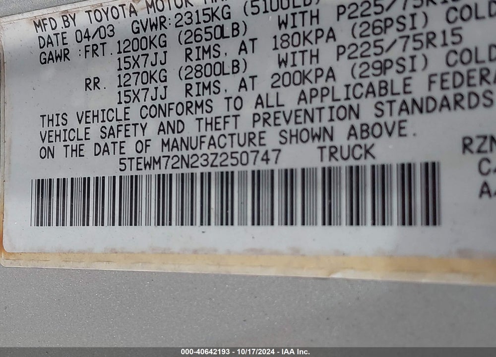2003 TOYOTA TACOMA VIN: 5TEWM72N23Z250747