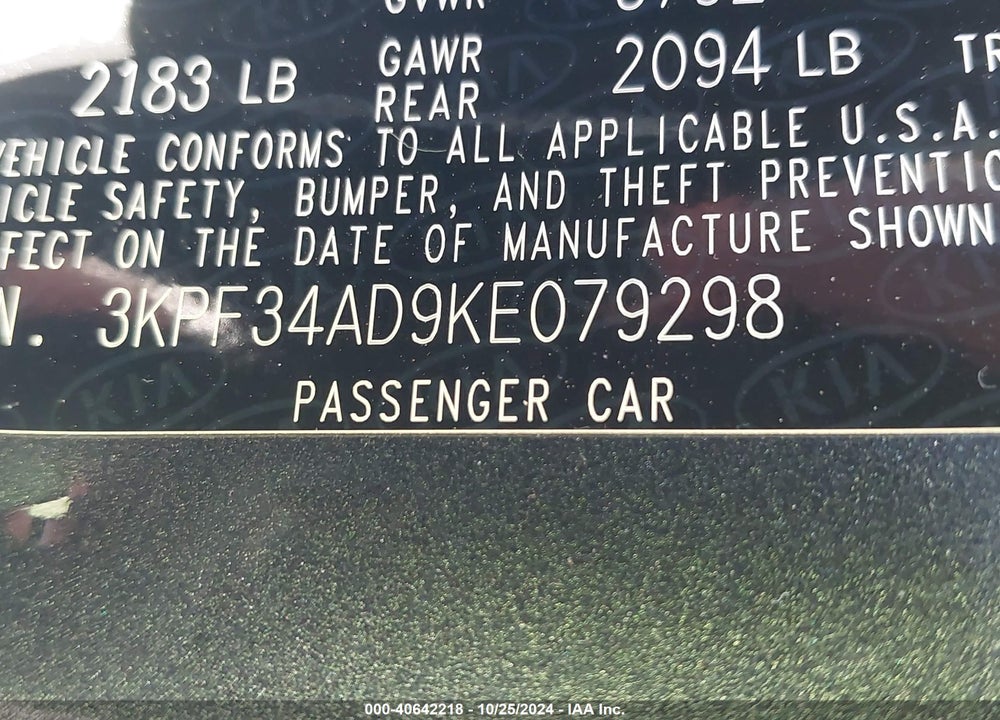 2019 KIA FORTE S VIN: 3KPF34AD9KE079298