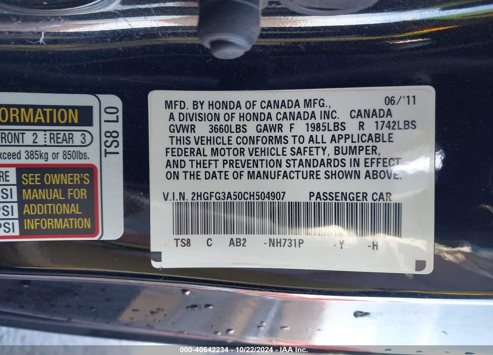 2012 HONDA CIVIC LX VIN: 2HGFG3A50CH504907