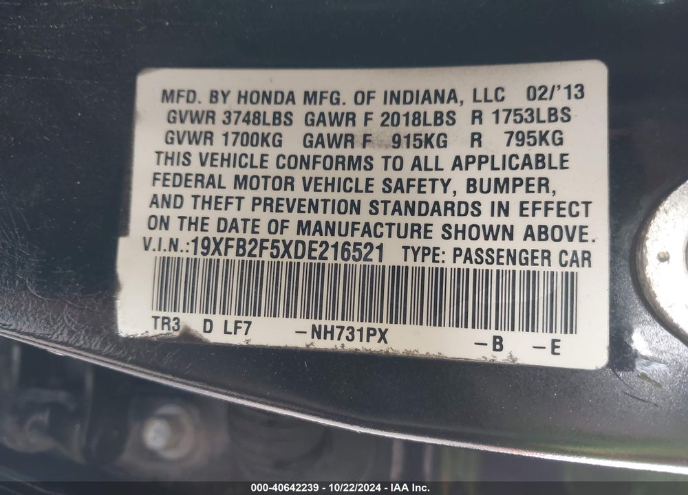 2013 HONDA CIVIC LX VIN: 19XFB2F5XDE216521