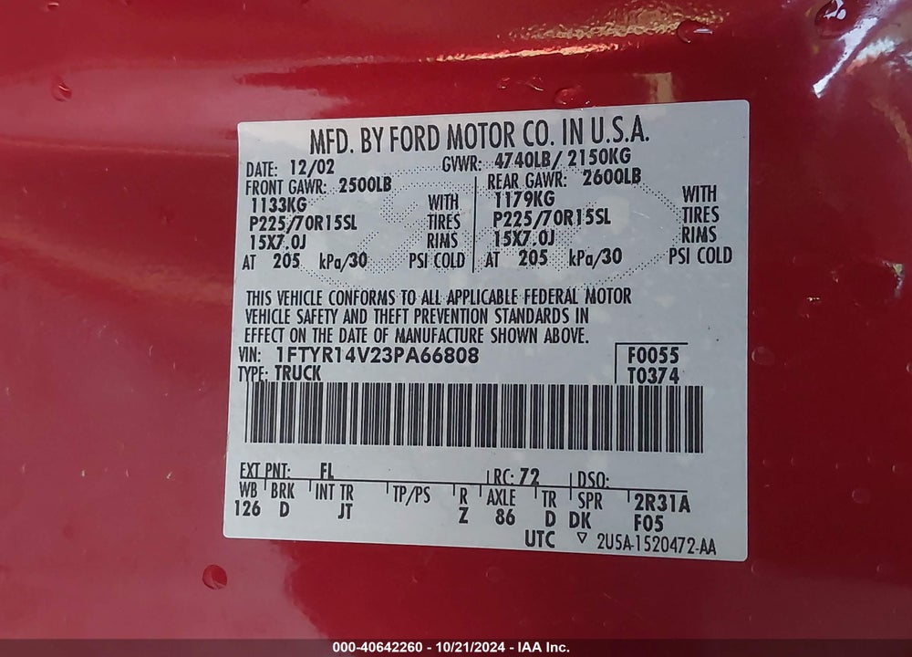 2003 FORD RANGER EDGE/TREMOR/XL/XLT VIN: 1FTYR14V23PA66808